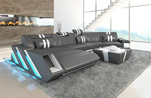 Sofa Apollonia C Form Wohnlandschaft Leder Couch mit Kopfstützen Ledersofa mit LED Beleuchtung (Ottomane Links, Grau-Weiß)