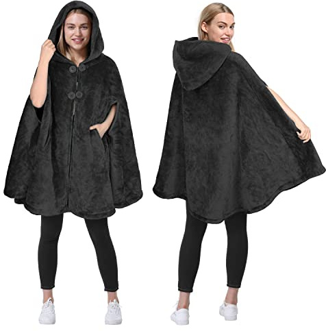 Catalonia Classy Damen-Poncho mit Geparden-Kunstpelzkragen, Fleece-Mantel, weicher, warmer, kuscheliger Umhang, Geschenkidee für Erwachsene und Teenager-Mädchen