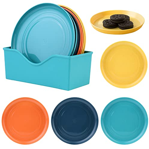 Vegena Set di 12 Piatti in Plastica Riutilizzabili - 4 Colori, Piccoli, da Dolce e Dessert - Con Scaffale (Rotondi)