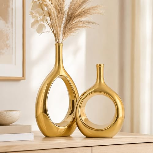 XMGZQ Vase Gold, Tischdeko, Wohnzimmer Deko, Große Blumenvase, Keramik Tischdekoration 2 Stück, Herbstdeko, Schlafzimmer und Büro Deko