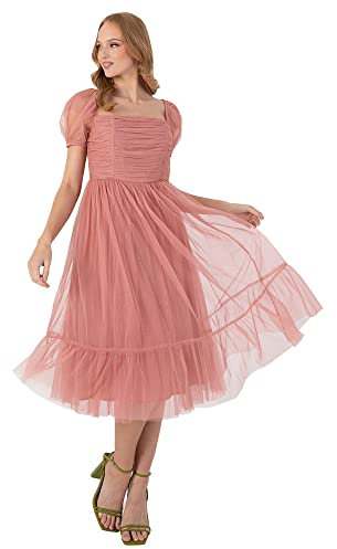 Anaya with Love Women's Ladies Midi for Women Short Puffed Sleeve Square Neck Frilly Wedding Guest Prom Ball Eveni Dress, Rose, 20 UK