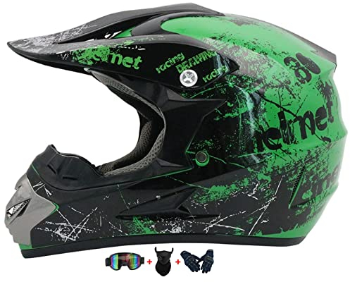 Motorradhelme, MTB Helm Fullface Kinder, Kinderfahrradreithelm,Downhill Motorradhelm Kinder, Helm Set Herren ATV Motorradhelm Helm Mit Brillen Maske Handschuhe (4Pcs) ( Color : Green-A , Size : M(54-5