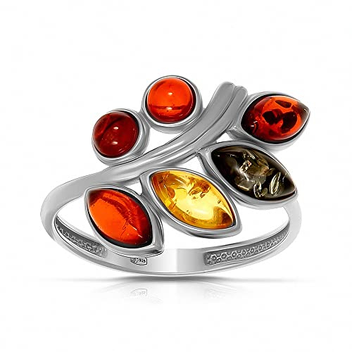 Ring Bernstein mehrfarbige Blätter in Sterling Silber 925, Gr. 18.5, Bernsteinring echter baltischer Bernstein, Designer Jewellery