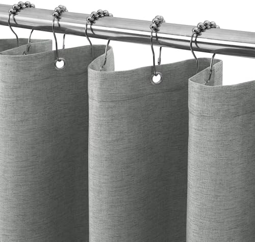 VANZAVANZU Duschvorhang Schmaler Leinen 92 x 182 cm mit Metall Duschvorhangringe Schwerer Stoff Textil Badewannenvorhang Anti Schimmel Bad Vorhang Wasserdicht Badezimmer Vorhang - Grau