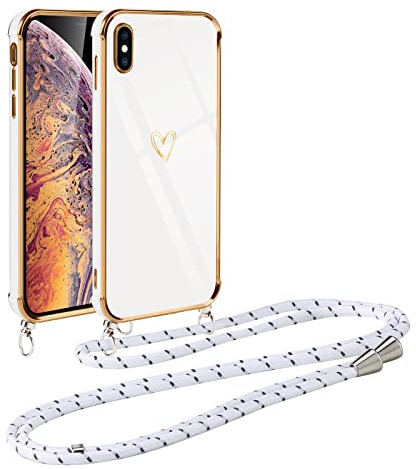 Vauki handyband für iPhone XS Max Hülle mit Band, Handyhülle mit Kette, Herz Motiv, Ultra Dünn Stoßfeste Aesthetic Case mit Kordel zum Umhängen für iPhone XS Max 6.5 Zoll, Weiß