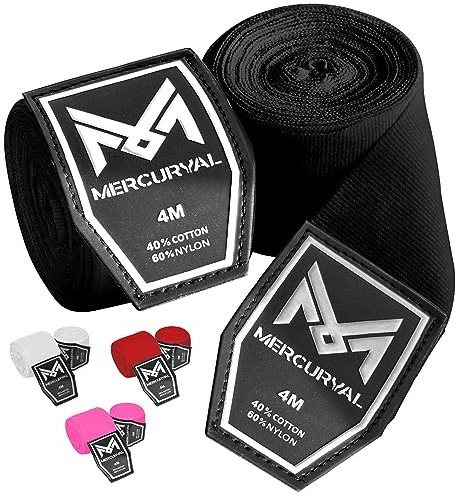 MERCURYAL Vendas Boxeo 4m para Proteger la Mano - Vendas Boxeo Guantes Interiores - Cinta Boxeo - Hand Wraps Muay Thai MMA Kick Boxing Artes Marciales - Vendas para Mujeres y Hombres (4 M, Negro)