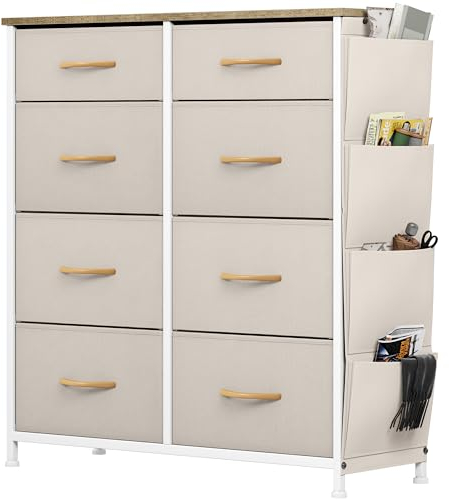 YITAHOME Kommode, 8 Stoffschubladen mit Griffen, Aufbewahrungsschrank mit Haken, Schubladenschrank mit Seitentaschen, Schrank, Metallgestell, stoffkommode für Schlafzimmer,Wohnzimmer,Flur,Büro,beige