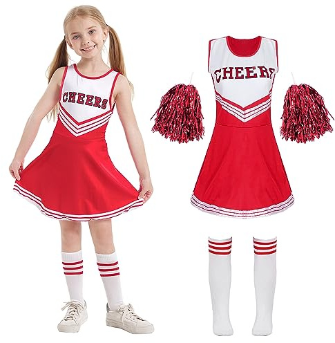 Cnexmin Deguisement Cheerleader Costume De Cheerleader Pour Filles Uniforme De Pom-Pom Girl Cosplay Costume Avec Pompoms Manches Costume Cheer Leader Halloween Carnaval Mascarade 8-9 Ans,Rouge 140cm
