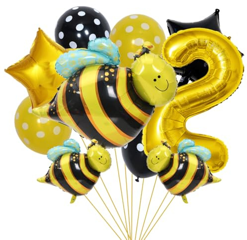 SNOWZAN Bienen Geburtstagsdeko 2. Geburtstag Mädchen Junge Bienen Deko Luftballons bei 2 Jahre Geburtstag Deko Gelbe Bienen Folienballon Zahlen Ballon Nummer 2 für Kinder Geburtstag