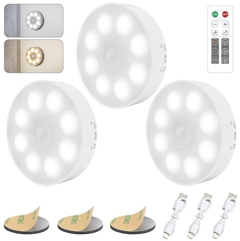 Electight 16 LEDs Motion Sensor Lights Indoor with Remote, 3 Pack Under Cabinet Lights Cordless,3 Color Temps Dimmable, Battery Operated USB Charging, for Wardrobe,Stairs,Closet,Hallway,Cabinets