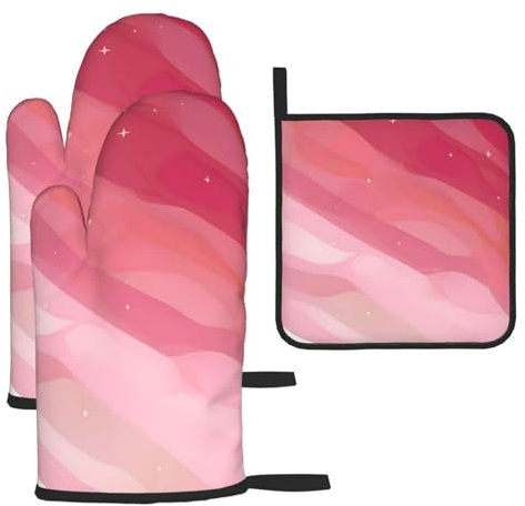 Set di 3 guanti anti-scottatura e presine rosa sfumati per cucina e grigliate per Natale, festa della mamma, inaugurazione della casa