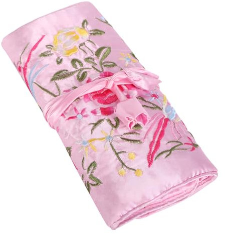 Fashion Chinese Organizer Travel Pouches, Chinese Embroidery Travel Jewelry Roll with Flowers and Bird Embroidery, Jewellery Bag for Necklaces, Ring, Bracelet Storage, Pink