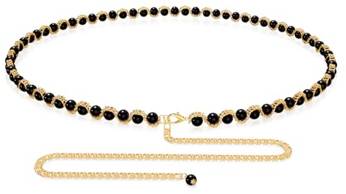 Cinturón de cadena de talla grande para mujer, cadenas de cintura de perlas sintéticas de color dorado y negro, cadena corporal extra larga, cadena de cinturón gruesa ajustable de 59 pulgadas