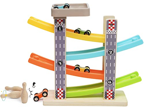 Holz Kugelbahn Autorennbahn mit 4 Autos und 3 Bowlingbälle Zick Zack Autorutsche Kugelbahn Autos Holz Autorennbahn Holz Spielzeug Rennbahn Lernspielzeug Geschenk für Kinder Jungen Geschenke