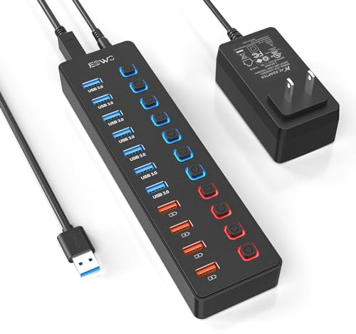 Powered USB Hub, 11-Port USB Hub 3.0 Splitter (7 USB 3.0 Data Transfer Ports + 4 Smart Charging Port), USB Hub Powered with Individual LED On/Off Switches and 12V/3A Power Adapter