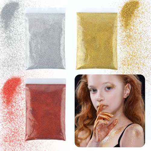 3 Stück Glitzer Basteln, 50g/ Packung Glitzerpulver zum Basteln mit Silber, Gold, Rot, Streuglitzer Bunt Glitter Praktisch für Nägel Gesicht Makeup Kartenbasteln Handwerk