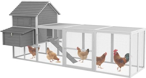 PawHut Pollaio in Legno con 2 Nidi, Pollaio per Galline Ovaiole da Esterno, Casetta per 4-6 Galline con Rampa e Area Aperta Recintata, Facile Pulizia, 310.5x149.5x149 cm, Grigio