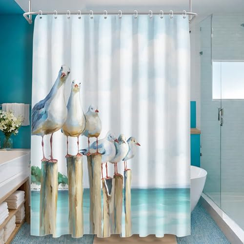SUMGAR Duschvorhang 180x180cm Leuchtturm, Möwe Duschrollo Ozean Duschrollo für Badewanne, Wasserabweisend, Waschbar Polyester Badevorhänge mit 12 Ösen und Duschvorhangringen für Badezimmer