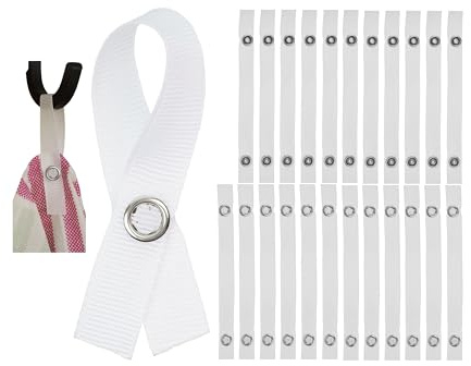 Nähfrei-Aufhänger für Textilien, 24 Pack, 150 x 12 mm Schlaufen, in Weiß, mit Druckknopf Verschluss, Aufhänger Laschen für Geschirrhandtuch, Bad Handtuch, Lappen, Tuch, Dekoartikel, Camping Zubehör