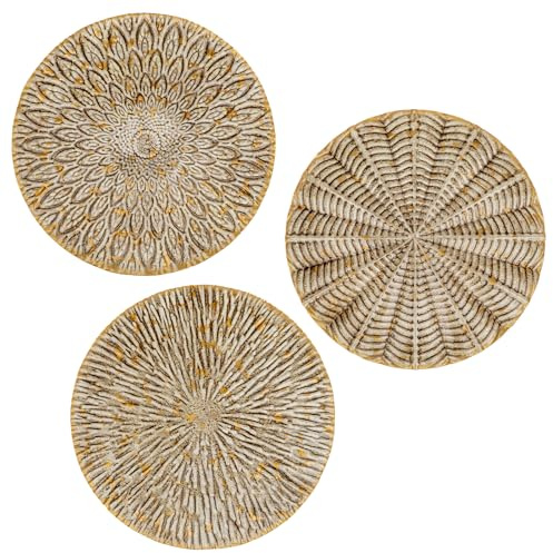 Uppsättning av 3 boho guld väggskulpturer rund väggdekoration metall väggdekoration dekorationer 3D metallbilder moderna konstverk för hem vardagsrum matsal sovrum kök korridor (30 cm x 30 cm), typ 6