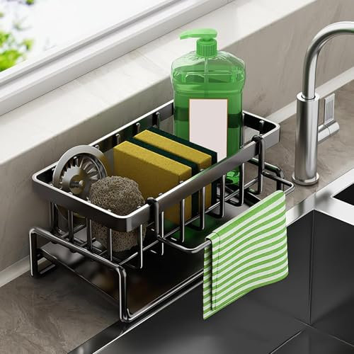 Multifunctional Kitchen Sink Storage Organiser, Black Stainless Steel Sponge Holder, Countertop Cleaning Rack with Removable Dish Cloth Hanger, Washing up Caddy for Kitchen Bathroom (Black)