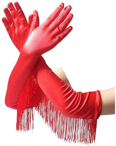 NiceYnn Gant de Soirée avec Franges Long Femme Satin Élastique pour Latin Danse Mariage Opéra Déguisements Bal 1920's Style Classique #A:Rouge