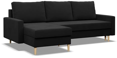 Mebligo - Ecksofa mit Schlaffunktion und Bettkasten BLANK, 223x88x140 cm, Universelles Eckcouch, Rechte oder Linke Seite Couch, Wohnzimmer Schlafsofa. L Couch mit Schlaffunktion - Schwarz