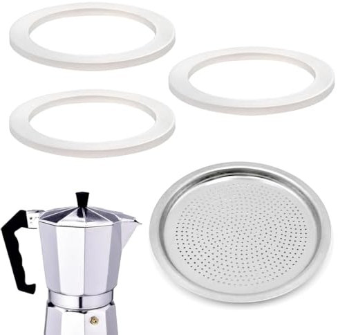 GXGM 4 Stück Espressokocher Dichtungsring 6 Tassen, Ersatzdichtung Silikon, Mit Aluminium-Siebeinsatz, Dichtungsringe für Kaffeekannen (3 x Dichtungsring aus Silikon + 1 x Stahlfilter, 6 Tassen)