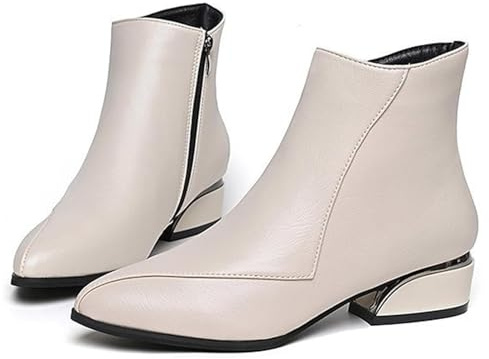 MASHANGGOU Stivaletti da donna con tacco basso, eleganti stivaletti con tacco basso, stivaletti da donna con tacco grosso, cerniera laterale, stivaletti in pelle impermeabili (40EU, beige)
