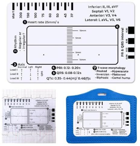 IKOPFLN 1 pieza Regla ECG de 7 pasos con indicadores de frecuencia cardíaca, eje, intervalo PR, duración QRS, intervalo QTc y morfología de onda T