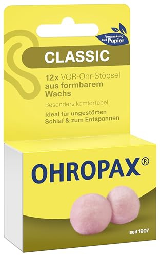 OHROPAX Classic Ohrstöpsel – VOR-Ohr-Stöpsel zum Schutz vor Lärm, Nässe und Wind – aus formbarem, anschmiegsamen Wachs – bequem und für alle Ohren geeignet – Schalldämmwert SNR 21 dB – 12 Stück