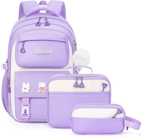 Amythe Skolryggsäck flicka tonåring 3-i-1 set, skolväska med lunchväska pennfodral gymnasium för skola resor för 15,6 tum Laptop YTK6858, lila