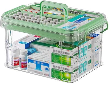 Chililon Caja Medicamentos, Organizador Medicamentos Portátil 2 Capas con Compartimento Extraíble y Asa, 33.5x 23.5 x 18.5 cm Caja para Medicina de Gran Capacidad