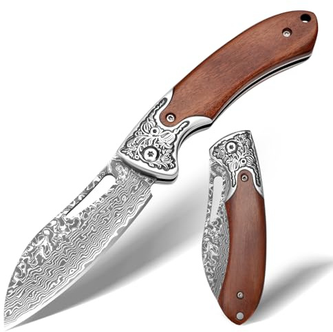 SPITZKANTE Coltello Damasco Pieghevole YUNWEN-DMSG, 42a conforman, coltello pieghevole a due mani in acciaio damasco, con cordone, manica in legno