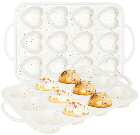GAESHOW 2 Pezzi Stampo per Muffin a Forma di Cuore, 37 x 23 x 3 cm, Stampo Antiaderente in Silicone con 12, Teglia per Muffin per Cottura al Forno