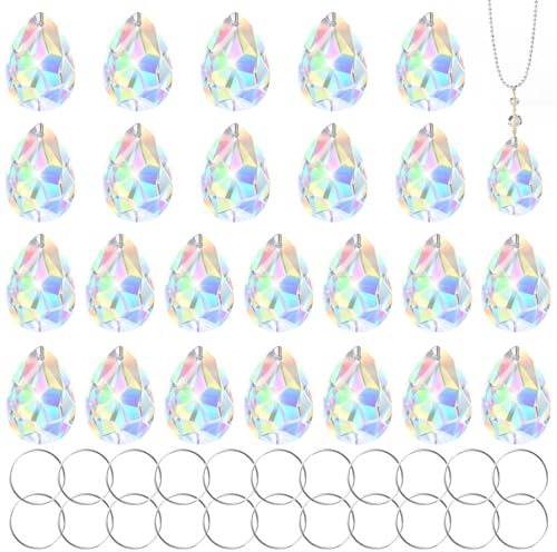 Kristalle zum Aufhängen - 24 Stück 37 * 26 mm Glas Sonnenfänger Kristall, Funkeln Prisma Tropfen mit 24 Metallring für Kronleuchter Anhänger, Fenster, Garten, Hochzeit, Ornament, Handwerk Dekor