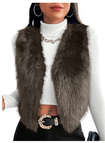 Chaleco de Piel sintética borrosa para Mujer, Chaqueta sin Mangas, Chaleco Frontal Abierto, Ropa de Abrigo (Marrón,L)