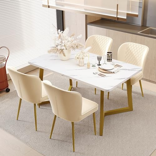 Essgruppe,(Set,117×68×75cm Esstisch mit 4 Stühlen), Moderner Küchentisch Set,Beige Samt Esszimmerstühle, Polsterstuhl Design Stuhl mit Rückenlehne,MDF Tischplatte in Weißer, Gold Tischbeine