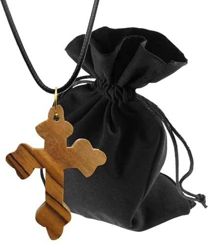 Lunexus Ciondolo a forma di croce bizantina in legno d'ulivo fatto a mano in Betlemme con nastro nero 80 cm e sacchetto di velluto benedetto con certificato collana religiosa regalo battesimo