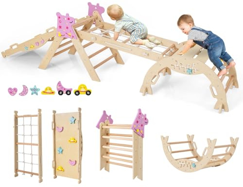 HOMASIS 4 in 1 Arrampicata per Bambini in Legno, Struttura da Scalata con Arco, Rampa, Corda e Scala, Palestra Giochi Educativa per Bambini da 3+ Anni (Naturale, Unicorno)