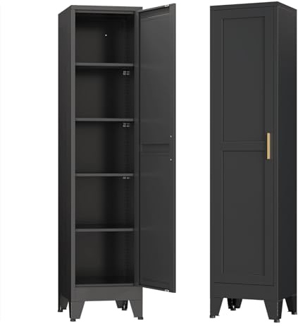 Mehrzweckschrank 40 cm breit, küchenschrank mit 1 Tür, Verstellbarer 5-Stufiger Metallschrank, Vorratsschrank, Allzweckschrank, Schrank Schmal für Küche, Esszimmer, Wohnzimmer und Badezimmer-Schwarz-C