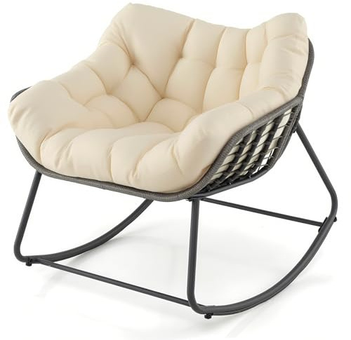 LIFEZEAL Poltrona a dondolo da giardino, in rattan, con cuscino imbottito, poltrona da lettura per balcone, veranda, soggiorno e terrazza (Beige)