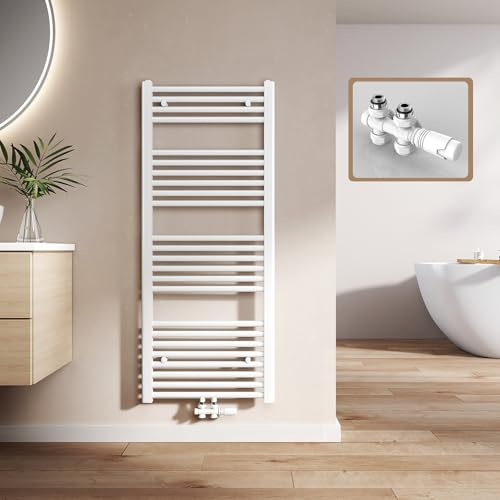 EMKE Badheizkörper 1200x500 mm mit Multiblock, Handtuchheizkörper Gerade mit Mittelanschluss, Effizienter Handtuchwärmer Handtuchtrockner Heizkörper für Bad, Weiß, 513W