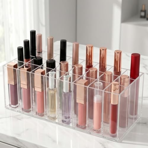 HINATDD Boîte de Rangement 24 Compartiments en Acrylique Transparent,Organisateur de Maquillage pour Rouge à Lèvres, Cosmétiques, Tiroir de Coiffeuse Moderne (21 x 9 x 7,5 cm)