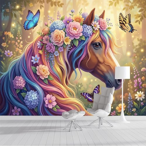 Tapete 3D Fototapete Blumen, Schmetterlinge und Pferde 400x280cm Seide Wandbild Fototapeten, Tierillustrationen Tapeten Wandtapete Schlafzimmer, Wohnzimmer, Kinder Kindertapete