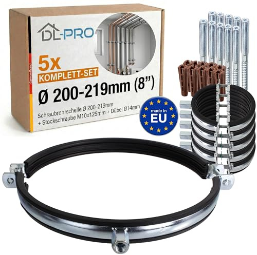 DL-PRO Set of 5 Screw Pipe Clamps Diameter 200-219 mm (8 Inches) DN200 EPDM Sound Insulation with Hanger Bolt M10 x 125 and Dowels Galvanised