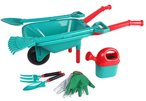 Generisch Set da giardino per bambini con carriola, 7 pezzi, set di attrezzi da giardino per bambini con annaffiatoio, vanga, rastrello e guanti, robusto giocattolo da giardino per giardino e sabbiera