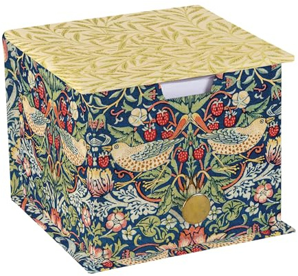 William Morris Strawberry Thief Memo Cube with Drawer – 400 Sheets Plain Paper Desk Notepad Block – Decorative William Morris Desk Organiser for Home or Office 10 × 10 cm