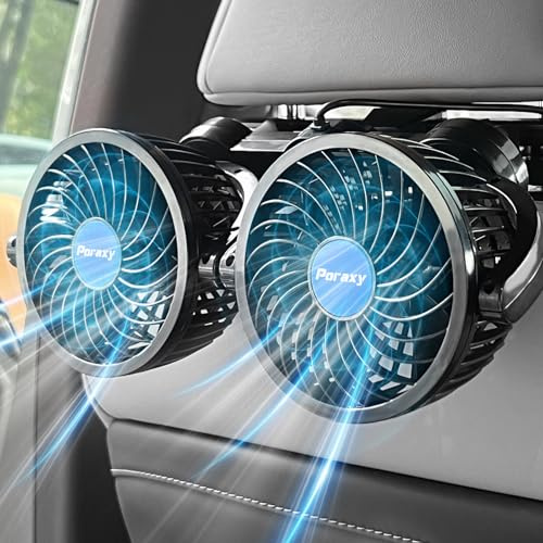 poraxy Car Fan, 12V Electric Auto Cooling Fan for Backseat, Headrest 360 Degree Rotatable Dual Head Stepless Speed Rear Seat Air Fan for Sedan SUV RV Boat