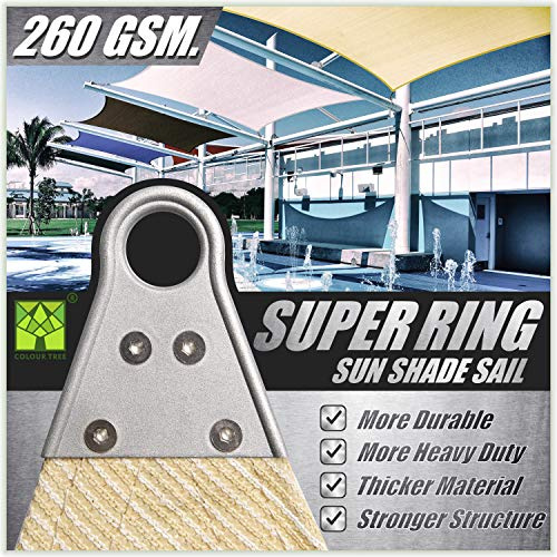 ColourTree Super Ring 16' x 16' x 16' Beige Triangle Sun Shade Sail, Commercial Grade UPF50 Canopy, Reinforced Corners & Edges, 260 GSM Fabric Heavy Duty -5 Years Warranty (We Make Custom Size)